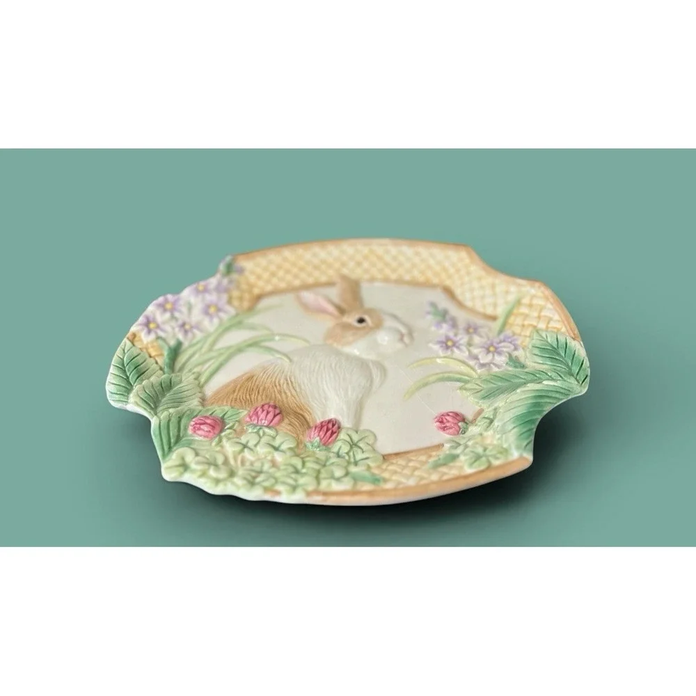 Fitz & Floyd Essentials Botanical Bunny Rabbit Canape Plate Dish Bowl Embossed
